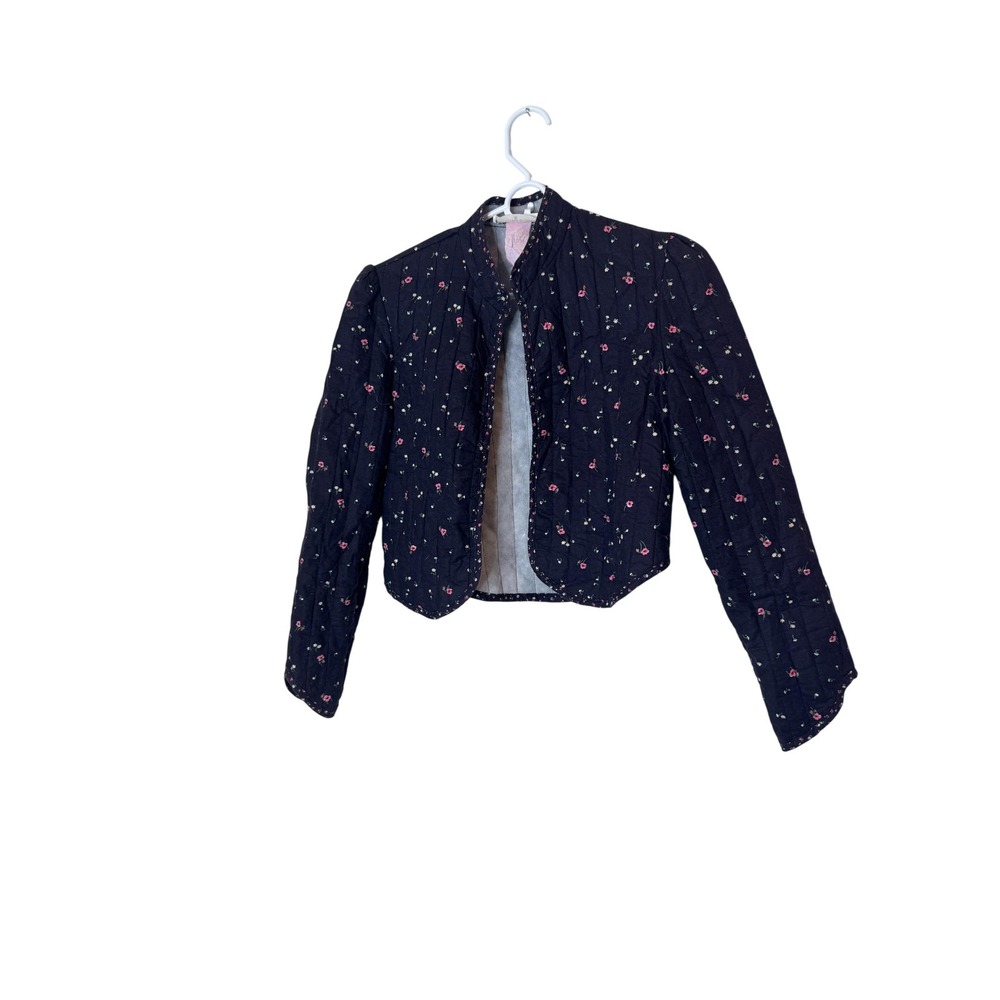 Penny Candy Jacket Womens Small Black Floral Quilted Collarless Cropped Cotton